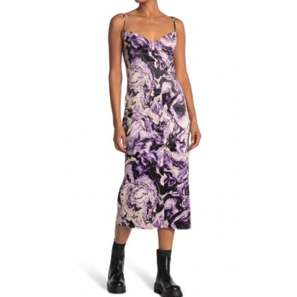 AFRM Katica Satin Slip Midi Dress in Purple & Blush Marble Swirl size Medium